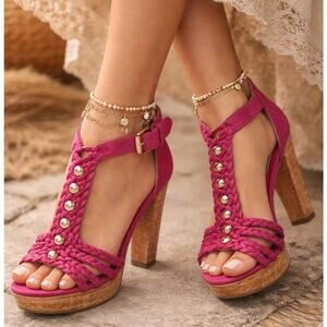 Barbiecore NWB Pink Braided Heels Boho Studded Strappy Sandals Size 5.5
